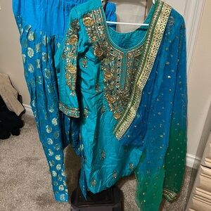 Embroidered Teal and Gold Traditional Outfit